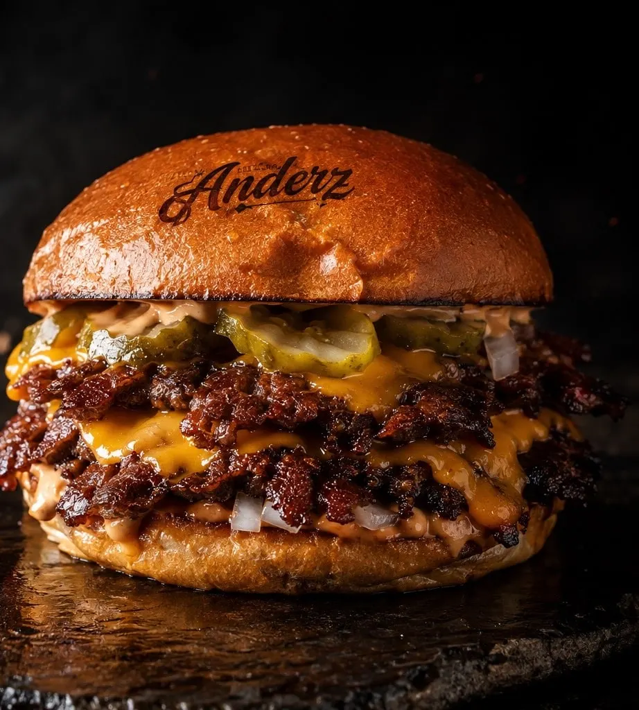 Dubbele smashburger met gesmolten cheddar, augurk en saus op een glanzend broodje